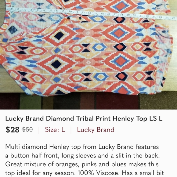 Lucky Brand Diamond Tribal Print Henley Top LS L - Picture 3 of 3